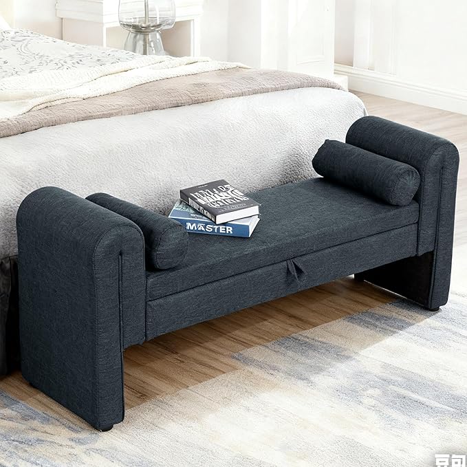 60.5" End of Bed Bench Storage Bench for Bedroom,Soft Linen Upholstered Ottoman Bench with Rolled Arms, Eentryway Bench with Storage for Living Room,Hallway, Dressing Room (Light Blue)