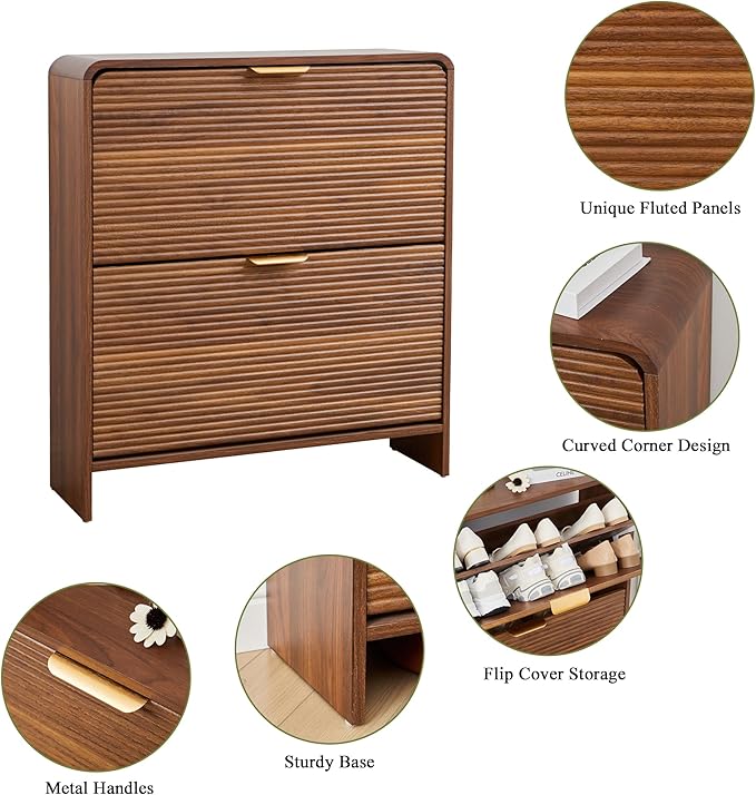 RARZOE Set of 2 Fluted Shoe Storage Cabinets for Entryway, Narrow Curved Shoe Cabinet with 2 Flip Drawers, Wood Hidden Shoe Organizer Closed Shoe Rack Cabinet for Foyer,Hallway (29.5''Walnut)