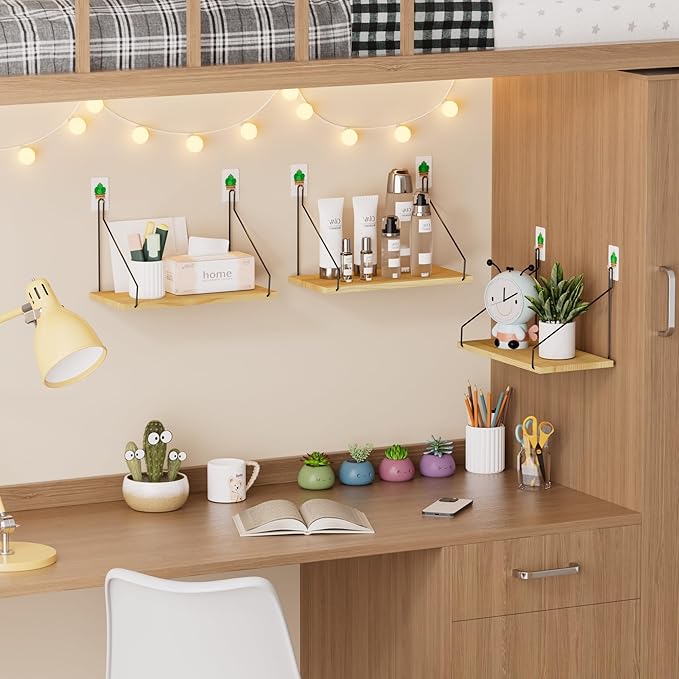 QsQueen Elevate Your Space with Rustic Wood Floating Shelves Set of 3- Perfect for Bedroom, Living Room, Bathroom, and Kitchen Decor - Easy Installation, No Drilling Needed!