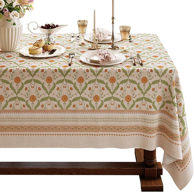 Block Print Thick Linen Table Cloth Square Tables, Waterproof Wipeable Decorative Table Cover for Dining Kitchen Indoor Outdoor, 55" x 55", 2-4 Seats