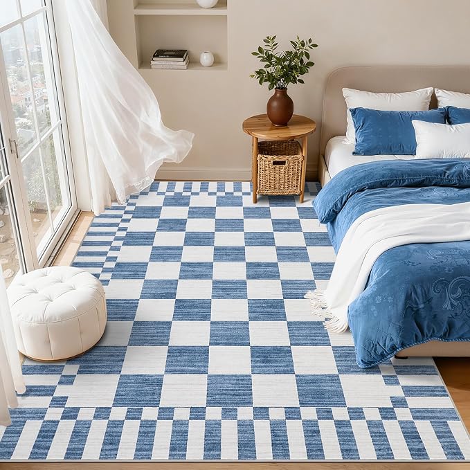 GarveeHome Dark Blue Checkered Rug,Washable 3x5 Rug Non Slip for Entryway,Modern Soft Low-Pile,Neutral Farmhouse Geometric Checkerboard Rug,Small Area Rugs for Bedroom Kitchen Dining Room