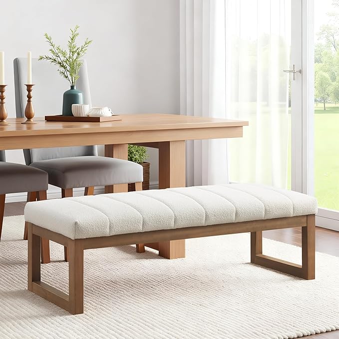 Zihanhome 52.7" Bedroom Bench for End of Bed, Modern Upholstered Teddy Fabric Entryway Bench & Dining Bench, Footrest Stool Bench with Solid Wood Frame for Bedroom, Living Room (Beige)