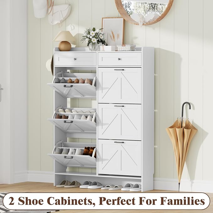 Thacuok Shoe Cabinet with 6 Flip Drawers & 2 Storage Drawers, Rustic Farmhouse Narrow Shoe Organizer Cabinet, Slim Shoe Rack Cabinet, Shoe Storage Cabinet for Entryway, Hallway, Front Door