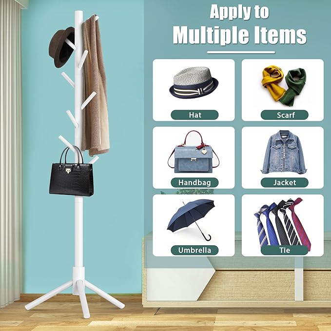 Haddockway Wooden Coat Rack Stand with 8 Hooks New Zealand Pine 3 Adjustable Coat Standing Tree Easy Assembly for Coats, Hats, Scarves and Handbags for Entryway, Hallway, Bedroom, Office, white