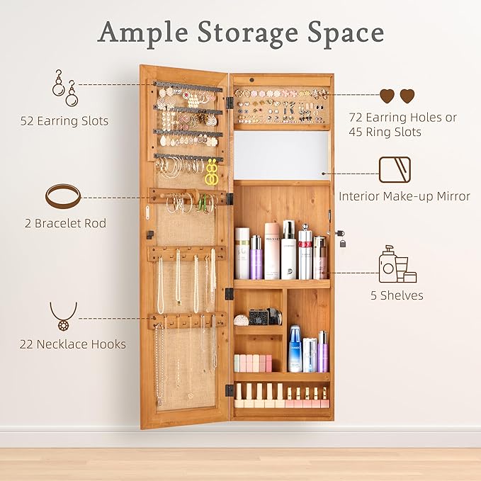 Solid Wood Jewelry Armoire Organizer Cabinet with Full-Length Mirror, 47x14in Wall-Mounted Lockable with LED Light
