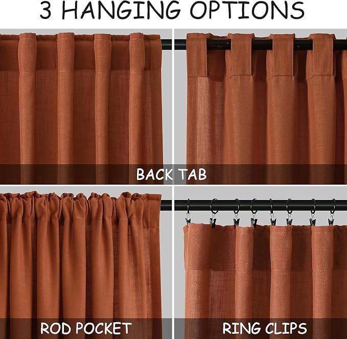 Nanspring Extra Wide Terracotta Curtains for Living Room 96 Inches Long Back Tab and Rod Pocket Linen Light Filtering Semi Sheer Farmhouse Boho Curtain for Bedroom Office Luxury 100x96, 2 Panels