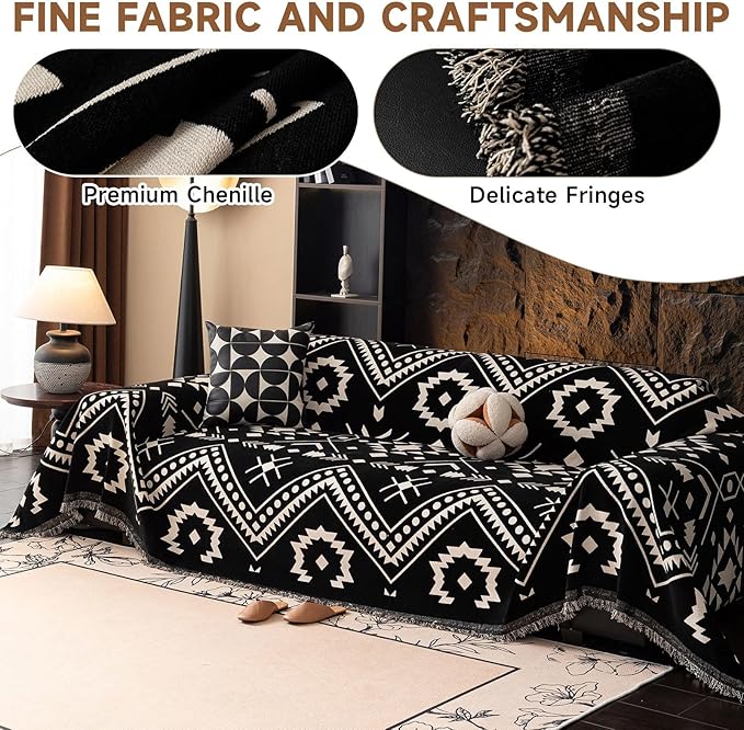 VClife Bohemian Southwestern Pattern Sofa Cover Non Slip Washable Couch Cover - White Black Aztec Geometric Chenille Couch Cover for 3 Cushion Couch Sofa Vintage Slip Cover 71" X 134"