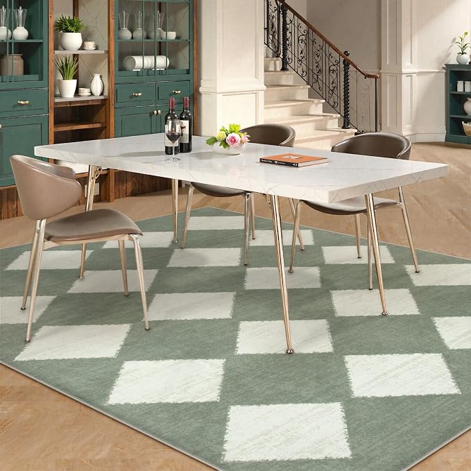 Lahome Zelie Checkered Washable 5x7 Rugs for Living Room Green Rug for Bedroom, Soft Dining Room Rugs for Under Table, Diamond Trellis Throw Carpet for Entryway Dorm Kids Playroom (5'x7',Green)
