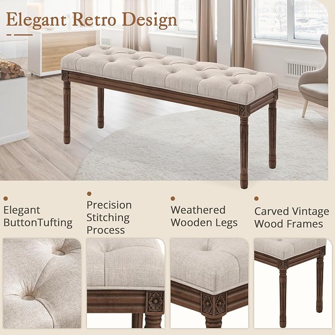 LUE BONA 44" Bedroom Bench, Fabric End of Bed Bench, Upholstered French Tufted Ottoman Bench with Carved Dark Brown Wood Legs for Bedroom End of Bed, Living Room, Linen