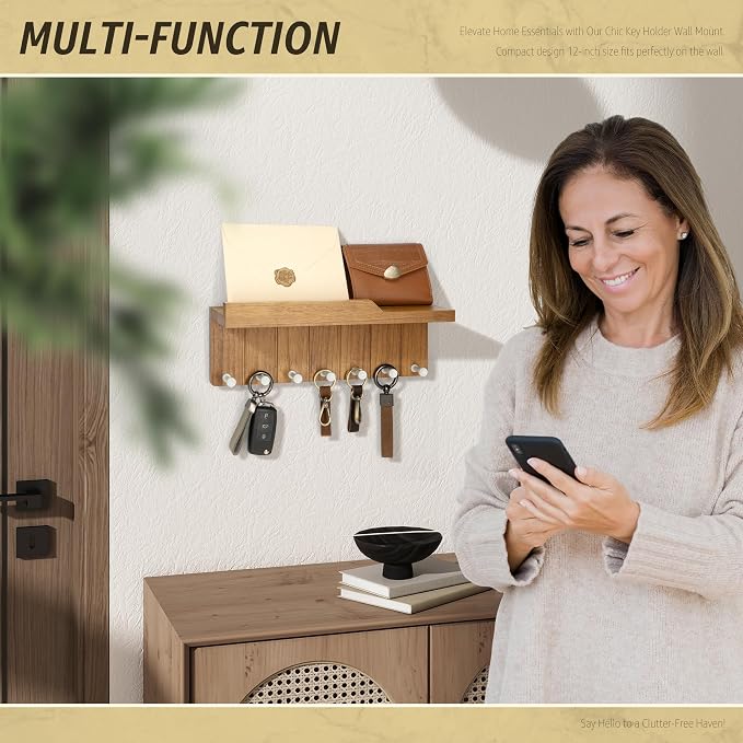 Rebee Vision Decorative Key Holder Wall Mount - Modern Farmhouse Key and Mail Holder for Wall with 7 Hooks and Floating Shelf - The Perfect Apartment Essentials in Your Home Decor (Light Brown)