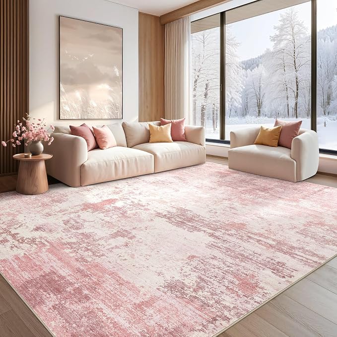 UERMEI 8x10 Area Rug Living Room Rugs - Washable Neutral Modern Abstract Soft Thin Large Rug Indoor Floor No Slip Rug Carpet for Bedroom Under Dining Table Home Office Decor - Pink