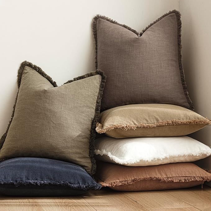 Foindtower Set of 2 Decorative Linen Fringe Throw Pillow Covers Cozy Farmhouse Cushion Cover with Tassels Accent Pillowcase for Couch Chair Sofa Bed Living Room Home Decor,16×16 Inch,Light Coffee