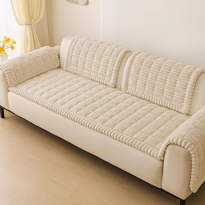 hyha Couch Cover for Dogs Washable, Non Slip Thick Flannel Sofa Protector, Pet Friendly Plush Furniture Cover for Sectional Sofa & Loveseat (Apricot, 27.6" x 88")