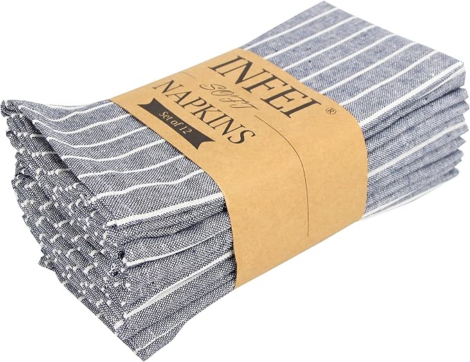 White Striped Linen Cotton Dinner Cloth Napkins - Set of 12 (40 x 30 cm) - for Events & Home Use (Navy)