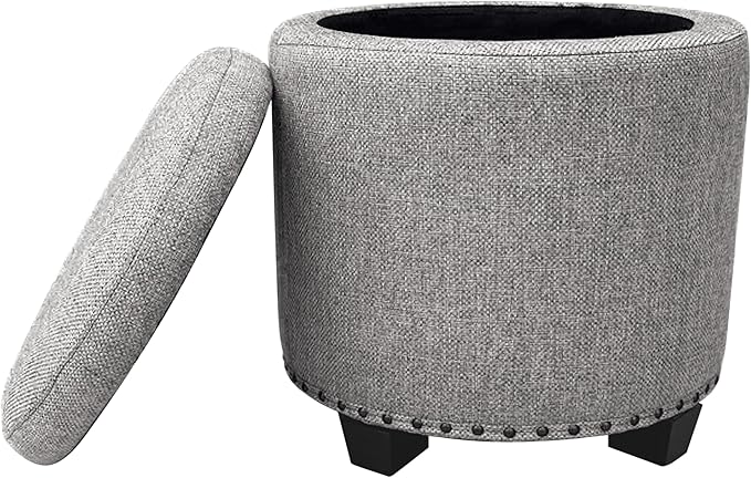 Homepop Home Decor | Upholstered Round Storage Ottoman with Nailheads| Ottoman with Storage for Living Room & Bedroom, Grey Woven