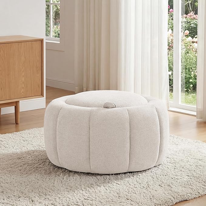Tbfit Round Storage Ottoman - No Assembly Required, Storage & Sturdy Structure Multi-Functional Seat/Footrest for Living Room, Bedroom & Kids Room Soft Fabric for Family Home Use