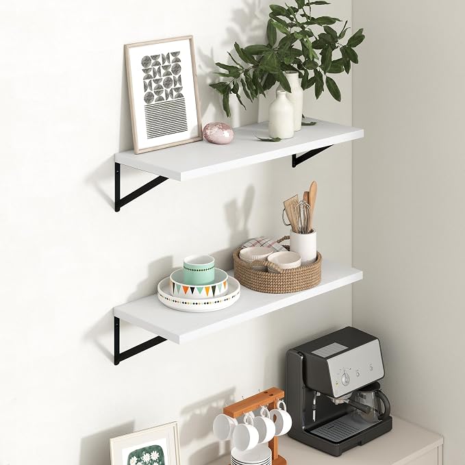 Axeman Deep Floating Shelves - 30 Inch White Floating Shelves Set of 2-12 Inch Deep Wood Wall Shelves for Living Room Bathroom Kitchen