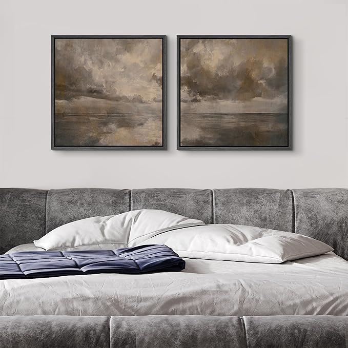 SIGNFORD Framed Canvas Print Wall Art Set Abstract Seascape Horizon Neutral Coastal Landscape Modern Art Relax/Calm for Living Room, Bedroom, Office - 24"x24"x2 BLACK