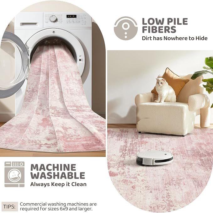 UERMEI 5x7 Area Rug Living Room Rugs - Washable Neutral Modern Abstract Soft Thin Large Rug Indoor Floor No Slip Rug Carpet for Bedroom Under Dining Table Home Office Decor - Pink