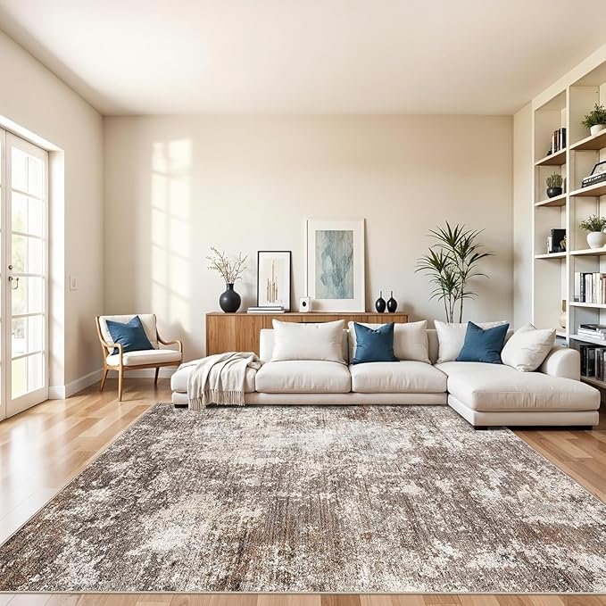 10x10 Square Living Room Area Rug – Washable Non-Slip Modern Large Rug for Bedroom, Dining Room, Playroom –Abstract Low-Pile Thin Indoor Floor Carpet (Brown Beige,10x10)