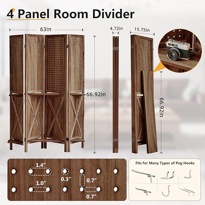 4 Panel Pegboard Display with 16 Hooks, Wooden Pegboard Room Divider Wall with Shelf, Partition Room Dividers and Folding Privacy Screens, Bedroom, Jewelry Store, Brown
