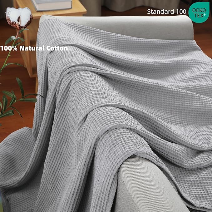 100% Cotton Waffle Blanket (Gray - King Size - 104 * 90''), Pre-Washed and Anti-Shrinkage Soft Lightweight Bed & Couch Blanket, 380 GSM Waffle Weave Throw Blanket for All Seasons