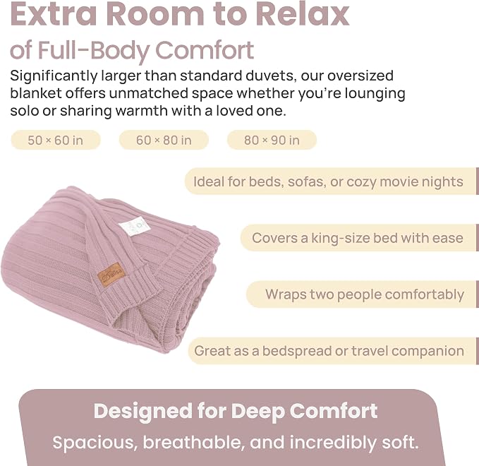Dalisa 100% Organic Cotton Knit Blanket Denise -Soft and Lightweight, Breathable All-Season Throw for Bed, Sofa, or Lounge Area -Perfect for Home and Bedroom Styling (Lavender Frost, 80x90)