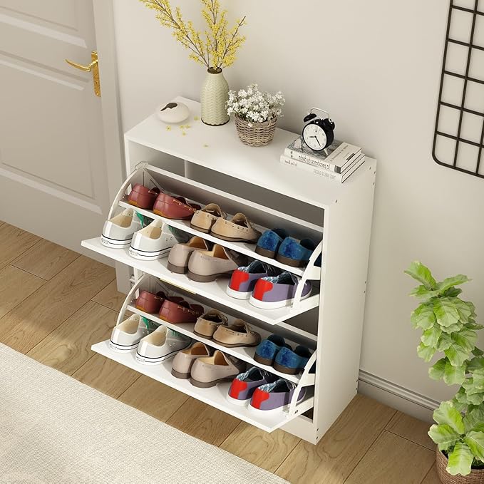Shoe Cabinet Storage for Entryway, White Shoe Organizer with 2 Flip Drawers & Open Shelf, Freestanding Hidden Large Shoe Storage Cabinet (2pc-White, 2 Flip Drawers)