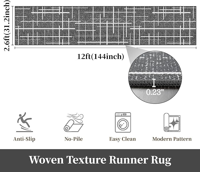 Non Slip Hallway Runner Rug 2.6x12, Modern Distressed Stripe, Washable Extra Long Rug, Woven Thin Low Pile Carpet Runners for Hallway 12ft Entryway, Kitchen, Walkway- Gray