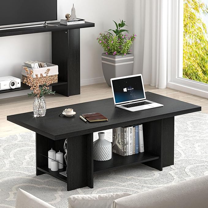 FOLUBAN Black Coffee Table with Storage Bottom Shelf & Side Shelves, Modern 2-Tier Living Room Center Table, Rectangular Wood Cocktail Tea Table for Home Office, 47 Inch