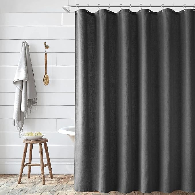 Naturoom Dark Grey Linen Shower Curtain, Country Boho Farmhouse Bath Decor Shower Curtains Neutral Cloth Weighted Textured Fabric Bath Curtain Liner with Hooks, 72x84