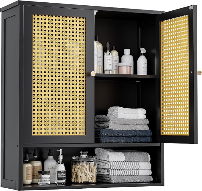 Bathroom Wall Cabinet, Bamboo Over-The-Toilet Storage Organizer with 2 Rattan Doors and Adjustable Shelf, Space Saver Medicine Cabinet for Laundry, Kitchen, Living Room (Black)