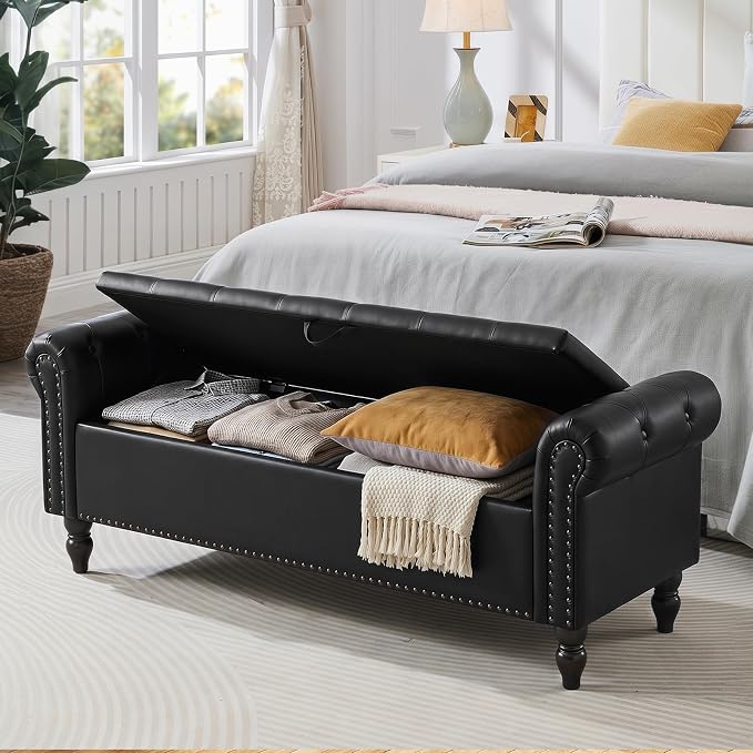Furniliving 63” End of Bed Bench, Bedroom Bench with Button-Tufted, Upholstered King Storage Ottoman Benches Queen Entryway Bench with Storage Shoe Cabinet Bench, for Bedroom, Black