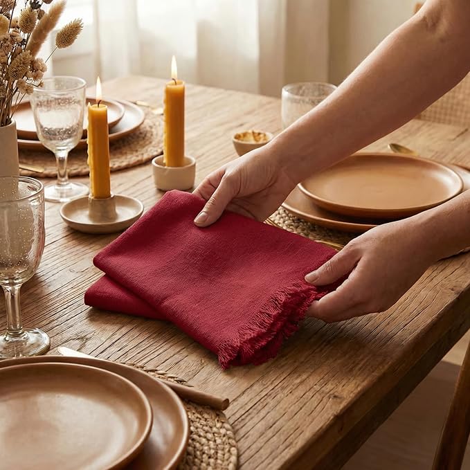 ACCENTHOME Red Cotton Linen Napkin Set of 6 - 18x18 inch Dinner Napkins - Washable Soft Premium Hotel Quality Reusable Napkins Perfect for Family Dinners, Weddings & Everyday Use