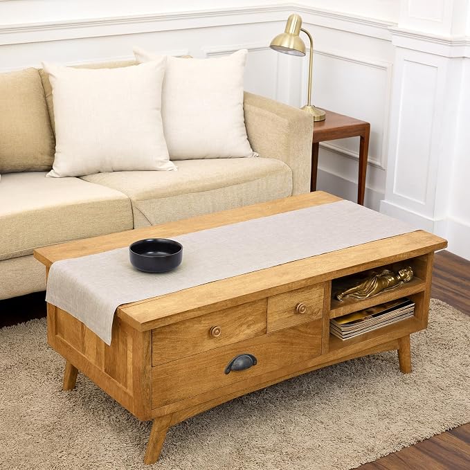 Solino Home Linen Table Runner 48 Inches - 100% Pure Linen Light Natural Table Runner 14 x 48 Inch Ideal for Dresser and Coffee Tables - Summer - Athena