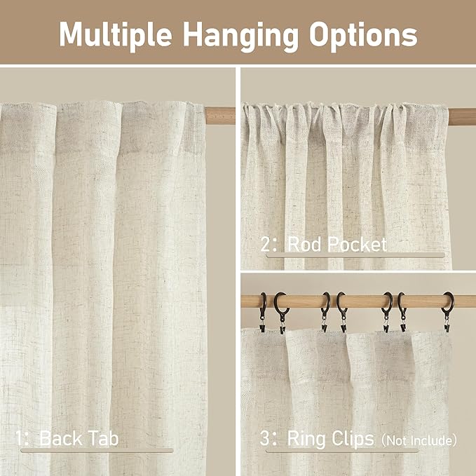 LAMIT 38 Inch Width Semi Sheer Linen Curtains 2 Panels, Cream Ivory Light Filtering Panels Back Tab and Rod Pocket Boho Neutral Drapes for Living Room/Bedroom/Farmhouse, 38 x 84 Inch