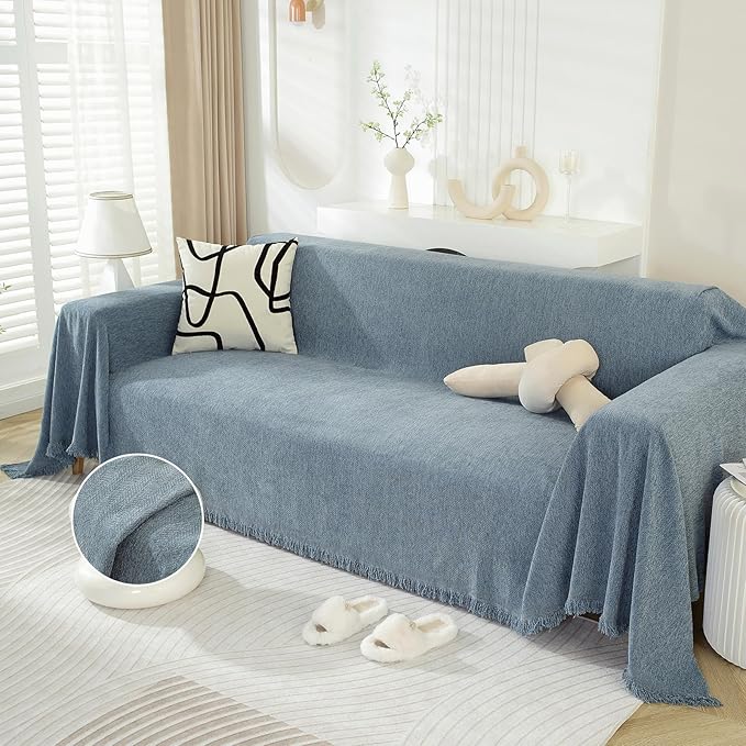 DREAMINGO Modern Minimalism Couch Cover for 3 Cushion Couch Sofa Greyish Blue 3 Seat Sectional Sofa Covers L Shape Couch Cover for Dogs Boho Herringbone Sofa Slipcover, 71"x134"