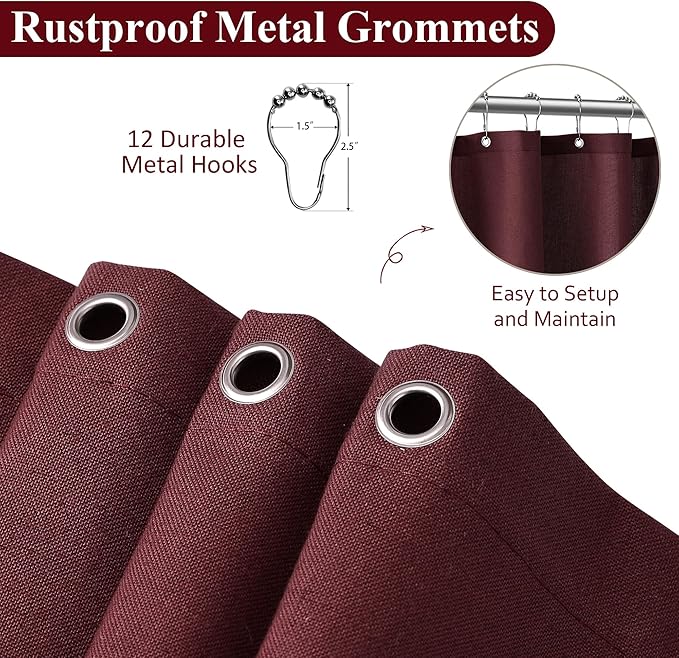 Naturoom Burgundy Linen Shower Curtain, Country Boho Farmhouse Bath Decor Shower Curtains Neutral Cloth Weighted Textured Fabric Bath Curtain Liner with Hooks, 72x84