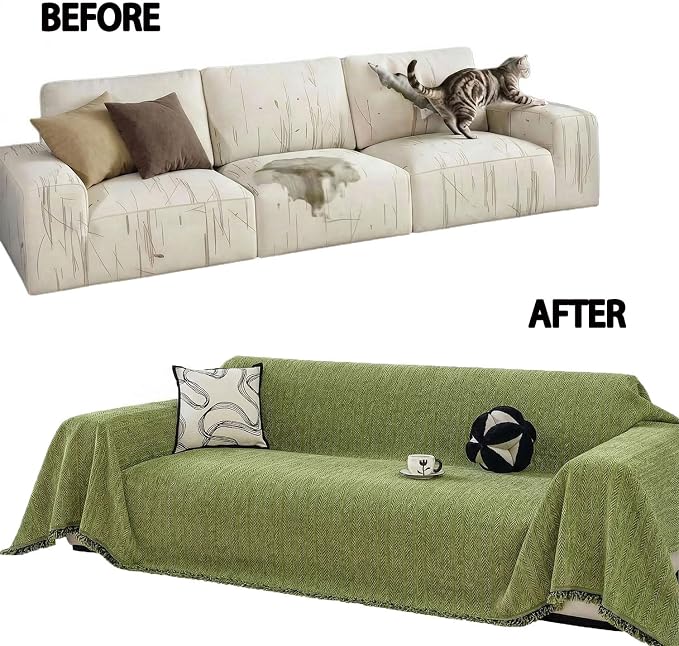 Chenille Couch Cover for Sofa Non Slip Cover Washable Pet Scratch Couch Covers Tassel Sofa Slipcover for 3 Cushion Couch Furniture Protector Blanket for Living Room,Yellow Green 71"x134"