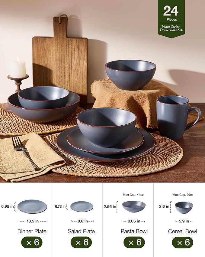 Famiware Venus Speckled Dinnerware Set, 24-Piece Stoneware Dishes for 6, Matte Charcoal - Includes Pasta Bowls & Dinner Plates for Everyday Meals or Formal Dining, Microwave & Dishwasher Safe