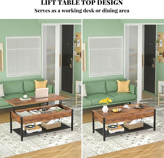 Homieasy 41.7" Lift Top Coffee Table for Living Room, Wood Center Table with Hidden Compartment and Storage Shelf, Modern Rising Tabletop Desk for Small Space, Rustic Brown