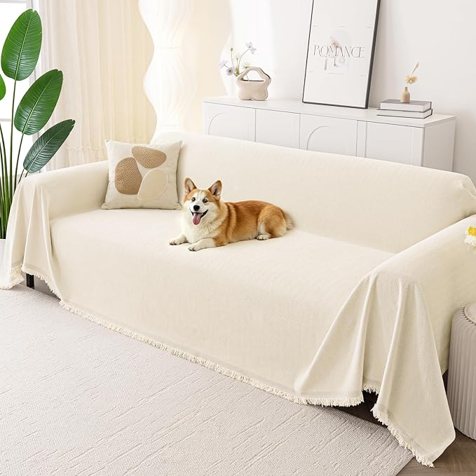Smiry Couch Cover for Dogs, Washable Chenille Sofa Covers for 3 Cushion Couch, Soft Sofa Slipcover for Pets, Thick Sectional Furniture Protector with Tassels (Beige, 71x91 Inch)