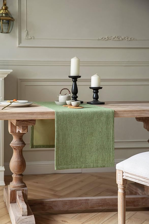 ZeeMart Burlap Style Farmhouse Table Runners 36 Inches Long, Green Rustic Woven Dining Table Runner for Everyday Use, 14x36 Inches, Grass Green