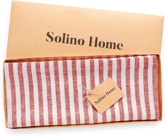 Solino Home Linen Table Runner 48 Inches - Amalfi Stripe 100% Pure Linen Red and White Farmhouse Table Runner 14 x 48 Inch Ideal for Dresser and Coffee Tables - Summer, 4th of July