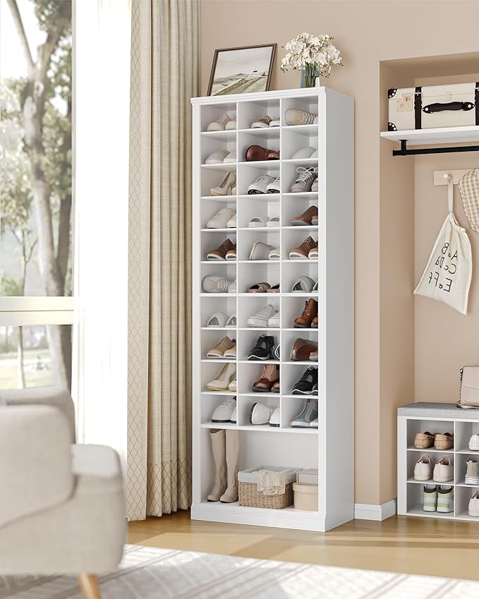Hzuaneri 11 Tiers Shoe Storage Cabinet, Tall Shoes Cabinet with Cubby, Freestanding Wooden Shoe Organizer, 30-33 Pairs, Shoes Cubby Organizer for Entryway, Bedroom, White 02001BSR