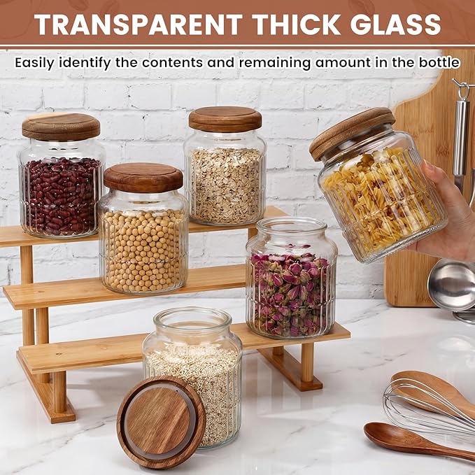 6 Pcs 1000ml/34 oz Vintage Glass Jars with Wooden Lids Ribbed Decorative Glass Storage Canisters Airtight Large Food Container Jars for Kitchen Pantry Coffee Spice Grains Tea Sugar(Ribbed)