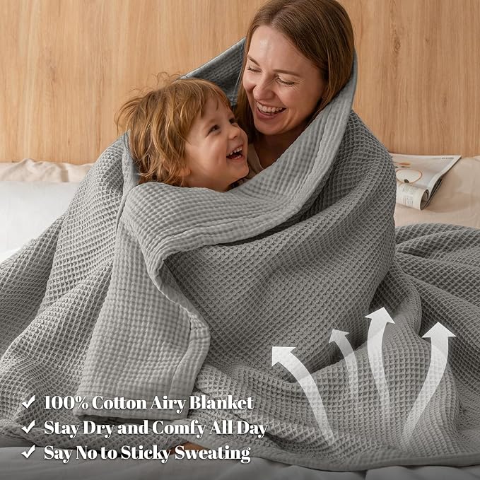 PHF 100% Cotton Waffle & Muslin Blanket Twin Size, Soft Breathable Luxury 400GSM Versatile Reversible Bedding for Bed, Great for Layering in Cold Weather, Home Decor Gift, 66" x 90", Frosted Grey