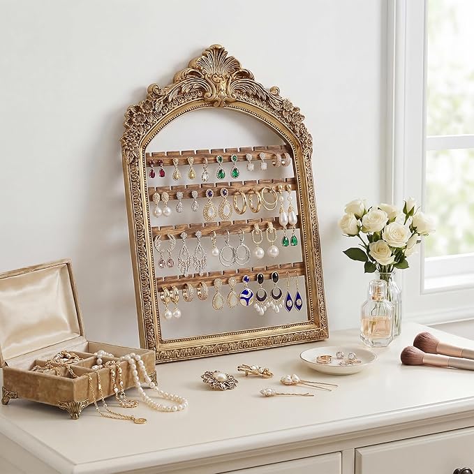 1 Pcs 13 x 9.3'' Wall Hanging Earring Holder Organizers Vintage Arched Frame 4 Layer Wall Mounted Jewelry Holder Decorative Retro Baroque Stud Earring Display (Gold)