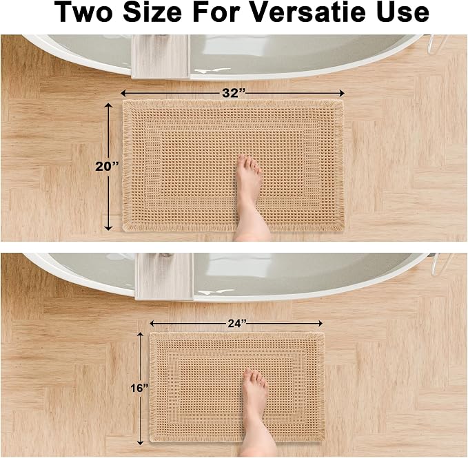 Hiasan Set of 2 Waffle Bath Mat, Super Absorbent Non Slip Bathroom Boho Rug with Tassels, Machine Washable Bath Mats for Bathroom, Ultra Soft Rubber Backed Rug, Loop-Brown, 16" x 24" + 20" x 32"