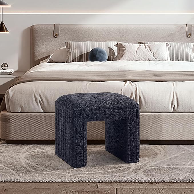 Get Set Style Vanity Stool Chair,Modern Boucle Ottoman Foot Stool with Wooden Legs Sofa Bench Footstool Extra Seat for Vanity,Makeup Room,Living Room,Entryway,Office (Fully Assembled) (Black)